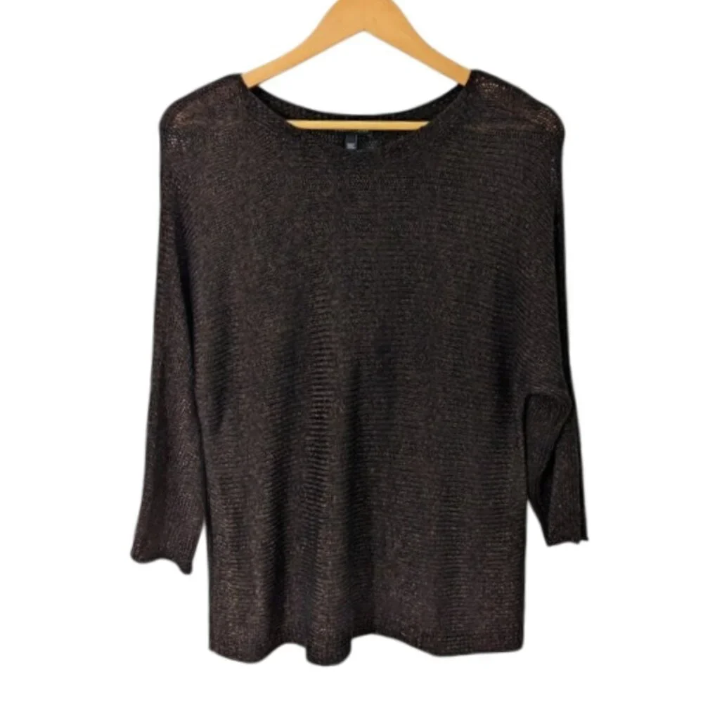 Like New Eileen Fisher Split Sleeve Black Bronze Sweater‎ S Organic Linen Size S